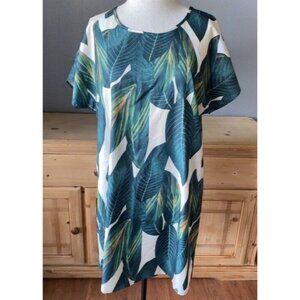 SHEIN Dress Women’s Size Large Short Sleeve Beige Green Leaves Print Knee Length